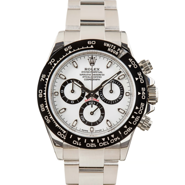 Rolex watch with silver case and black bezel on a white background