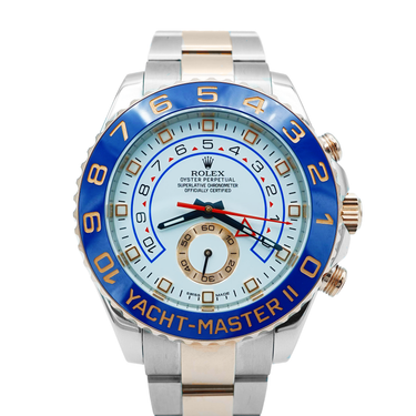 Rolex 116681 Yacht-Master II 44 mm 18K Rose Gold Two Tone Blue Bezel White Dial Oyster Bracelet Box and Papers 2016