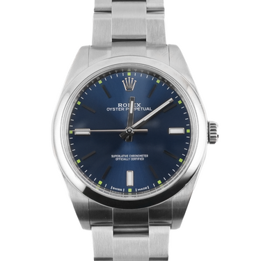 Silver watch with blue dial on a white background