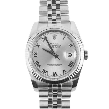 Rolex 116234 Datejust 36 mm Fluted Bezel Silver Roman Dial Jubilee Bracelet Box and Papers 2017