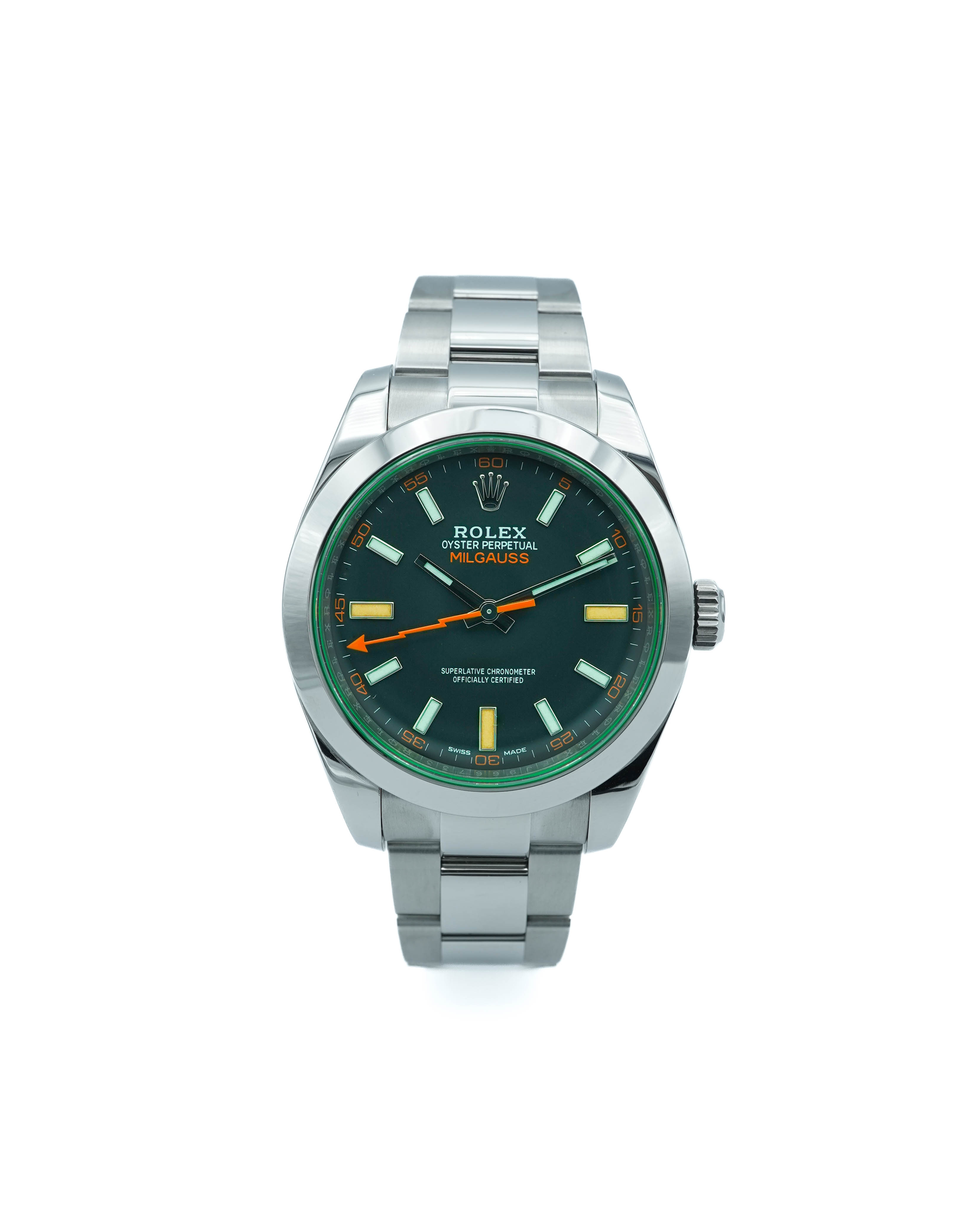Rolex 116400GV Milgauss Smooth Bezel Black Dial Green Crystal