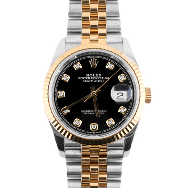 Two-tone watch with black face and diamond accents on a white background