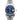 Silver Rolex watch with a blue face on a white background