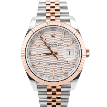 Two-tone rose gold and silver Rolex 126331 Datejust 41 mm watch with a Silver Fluted Motif Dial and Jubilee Bracelet on white background