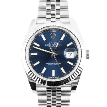 Silver watch with blue dial on a white background