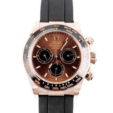 Rose gold Rolex 126515LN Cosmograph Daytona watch with Chocolate Dial and Oysterflex band on a white background