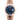 Rose gold watch with blue dial on a white background