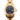 Gold watch with a blue face on a white background