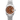 Silver watch with a brown dial and diamond accents on a white background