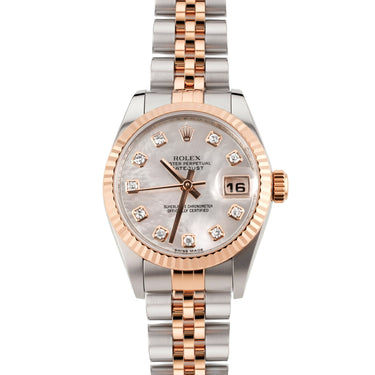 Luxury watch with silver and rose gold band on a white background