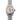 Silver watch with a pearl face on a white background