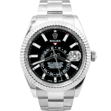 Silver Rolex 326934 Sky-Dweller 42 mm watch with a Fluted Bezel, Black Dial, and Oyster Bracelet on a white background