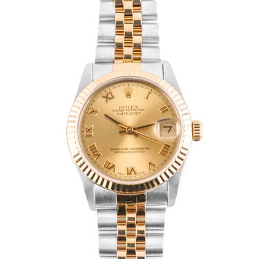 Silver Rolex watch with black dial on a white background