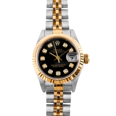 Luxury watch with black dial and diamond accents on a white background