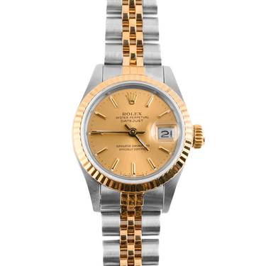 Rolex watch with gold and silver band on a white background