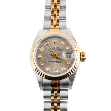 Luxury watch with gold and silver band on a white background