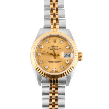 Two-tone gold and silver watch with diamond-studded face on a white background