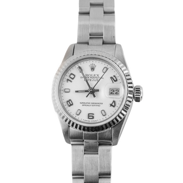 Silver Rolex watch with a white face on a white background
