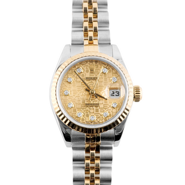 Two-tone gold and silver watch with diamond-studded face on a white background