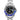 Rolex watch with black face and blue bezel on a white background