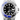 Rolex watch with black face and blue and silver bezel on a white background