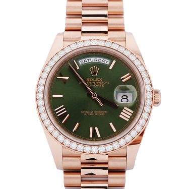 Rolex 228345RBR Day-Date 40mm 18K Rose Gold Olive Dial President Bracelet Complete Set 2026 on a white background