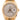 Gold Rolex watch with silver dial on a white background