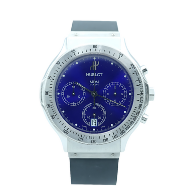 Huelot watch with blue face and silver case on a white background