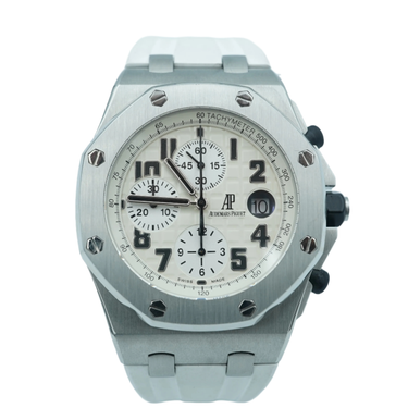 Silver watch with a white face on a white background