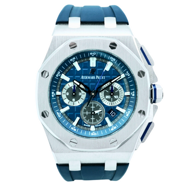 Luxury watch with blue strap and detailed face on a white background