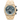 Gold watch with a dark gray face on a white background