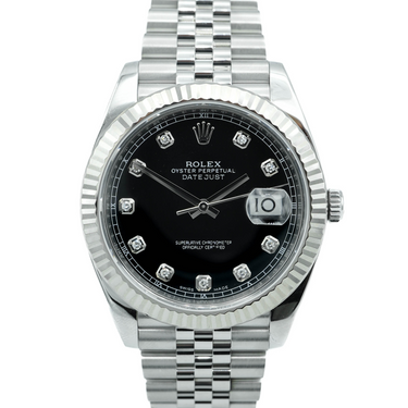 Rolex 126334 Datejust 41 mm 18k White Gold Black Diamond Dial Jubilee Bracelet Complete Set 2019 on a white background