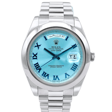 silver Rolex Day-Date II 41 mm watch with Ice Blue Roman Dial and President bracelet on a white background