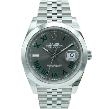 Rolex 126300 Datejust 41 mm Smooth Bezel Wimbledon Dial Jubilee Bracelet Box and Papers 2022 on a white background