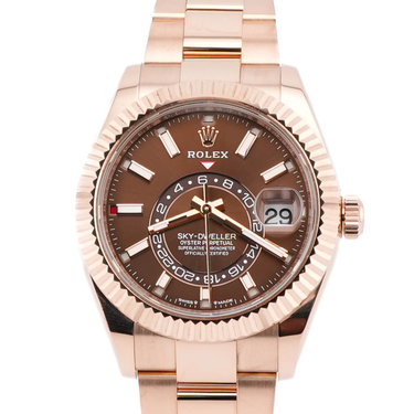 Rolex 336935 Sky-Dweller 42 mm 18K Rose Gold Chocolate Dial Oyster Bracelet Box and Papers 2024 on a white background