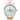 Rose gold Rolex watch with a white face on a white background
