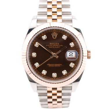 Rolex 126331 Datejust 41 mm Chocolate Brown Diamond Dial Jubilee Bracelet Box and Papers 2022 on a white background