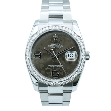 Rolex 116244RBR Datejust 36 mm Rolex Diamond Bezel Factory Floral Dial Oyster Bracelet 2014 on a white background