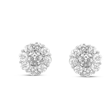A pair of 14k white gold round diamond cluster stud earrings with a total carat weight of 1.01.