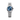 silver watch with a blue face on a white background