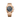 gold watch with a dark blue face on a white background