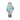 silver watch with a light blue face on a white background