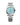 silver watch with a light blue face on a white background