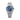 silver watch with a blue face on a white background