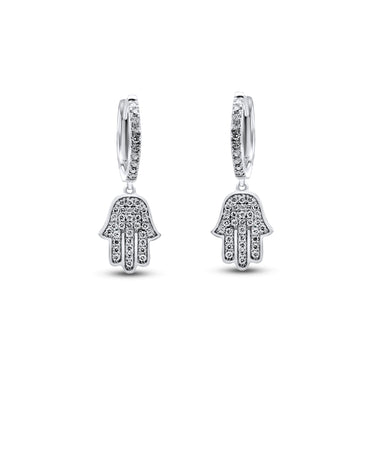 Elegant 14K White Gold Mini Diamond Hamsa Earrings - 0.41 Ctw