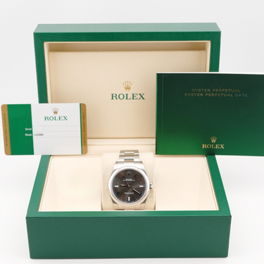 Rolex 114300 Oyster Perpetual 39 mm Smooth Bezel Dark Rhodium Grey Dial Box and Papers 2018