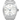 Silver Rolex watch with a white face on a white background
