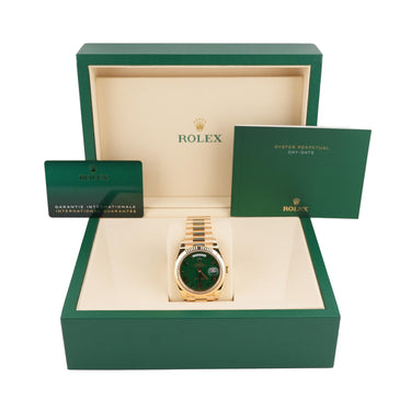 Rolex 228238 Day-Date 40mm 18K Yellow Gold Green Roman Dial Box and Papers 2026