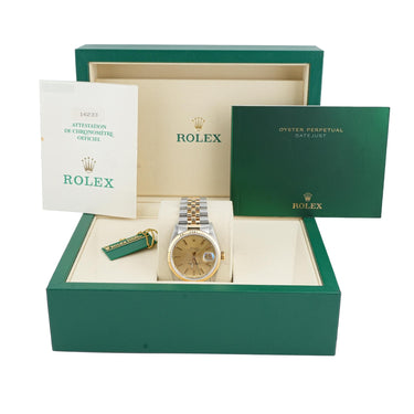 Rolex 16233 Datejust 36 mm Champagne Dial Jubilee Bracelet Box and Papers 1990