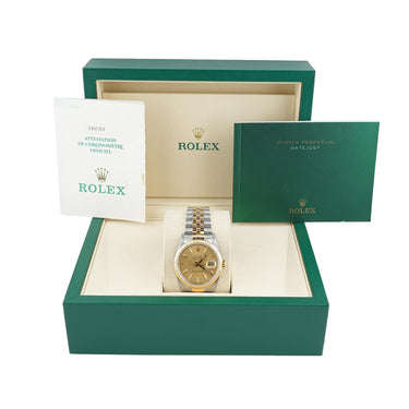 Rolex 16233 Datejust 36 mm Champagne Dial Jubilee Bracelet Box and Papers 1989